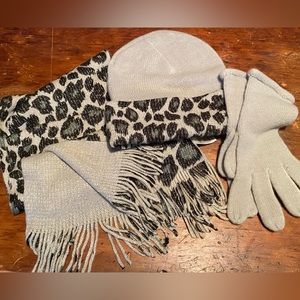 Gray sparkling leopard print hat, scarf, and glove set. Never used.